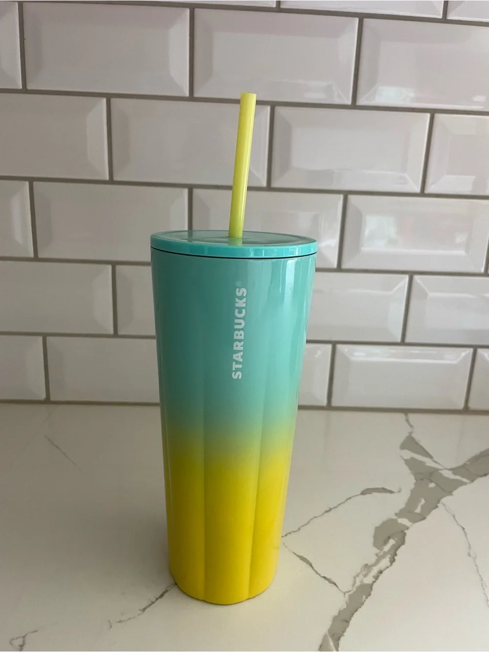 Starbucks Summer 2021 Teal Yellow Ombré Stainless Steel Tumbler cup Venti 24oz